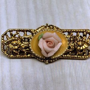 Vintage Victorian Gold Tone Filigree Rose Bar Brooch Pin Mid Century